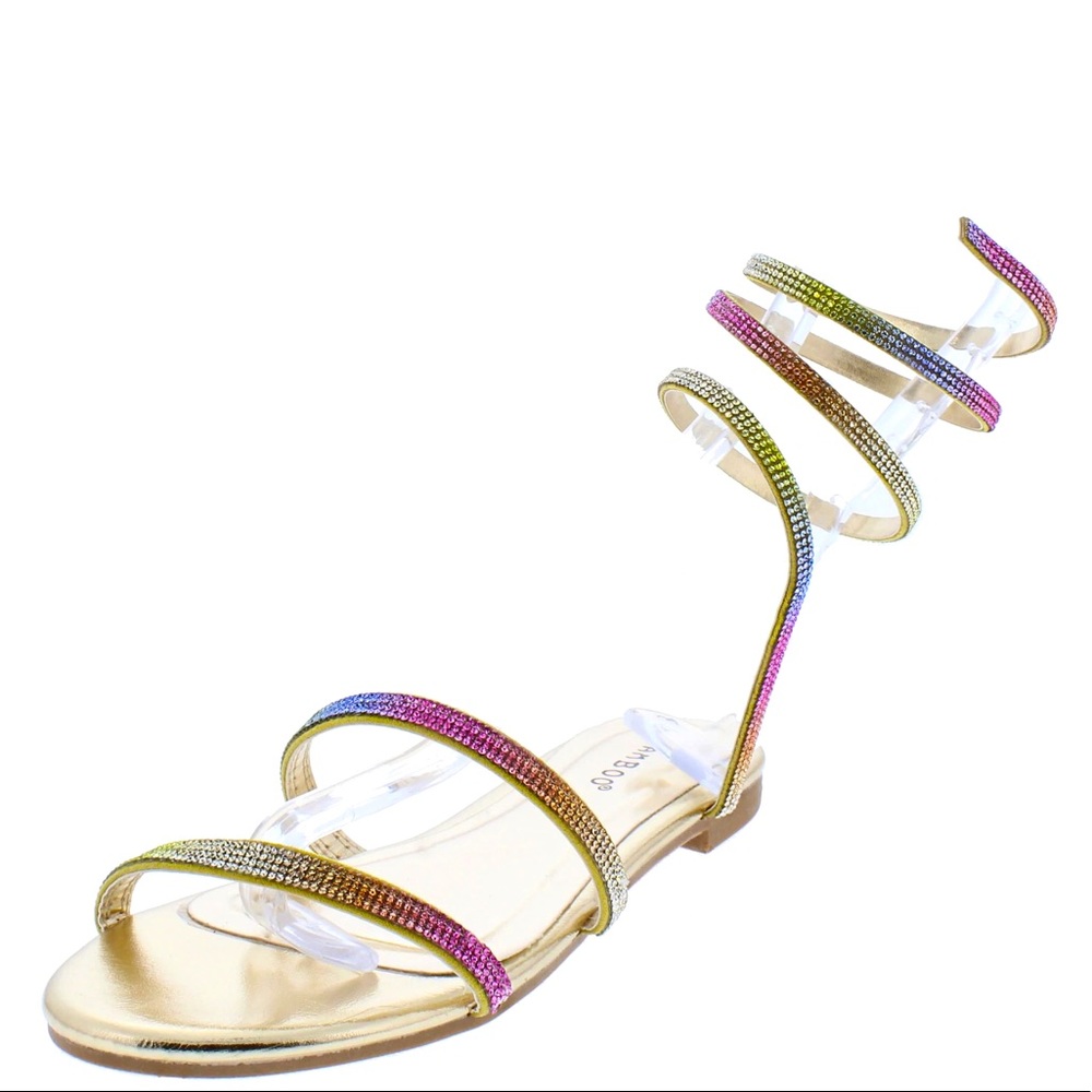 Gold Metallic Rainbow Ankle Wrap Flat Padded Slider Slippers Sandals